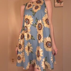 Sunflower Print Blue A-Line Women's Dress